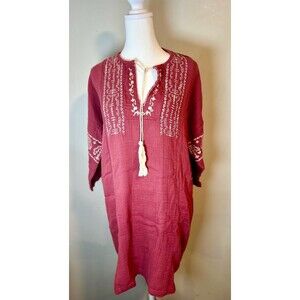 Lucky Brand Tunic Top Womens M Red Embroidered Bohemian Peasant Festival Indie